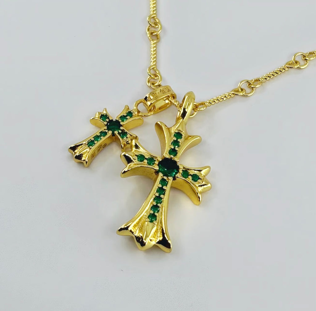 【SL61】Cross Necklace Emerald 22K