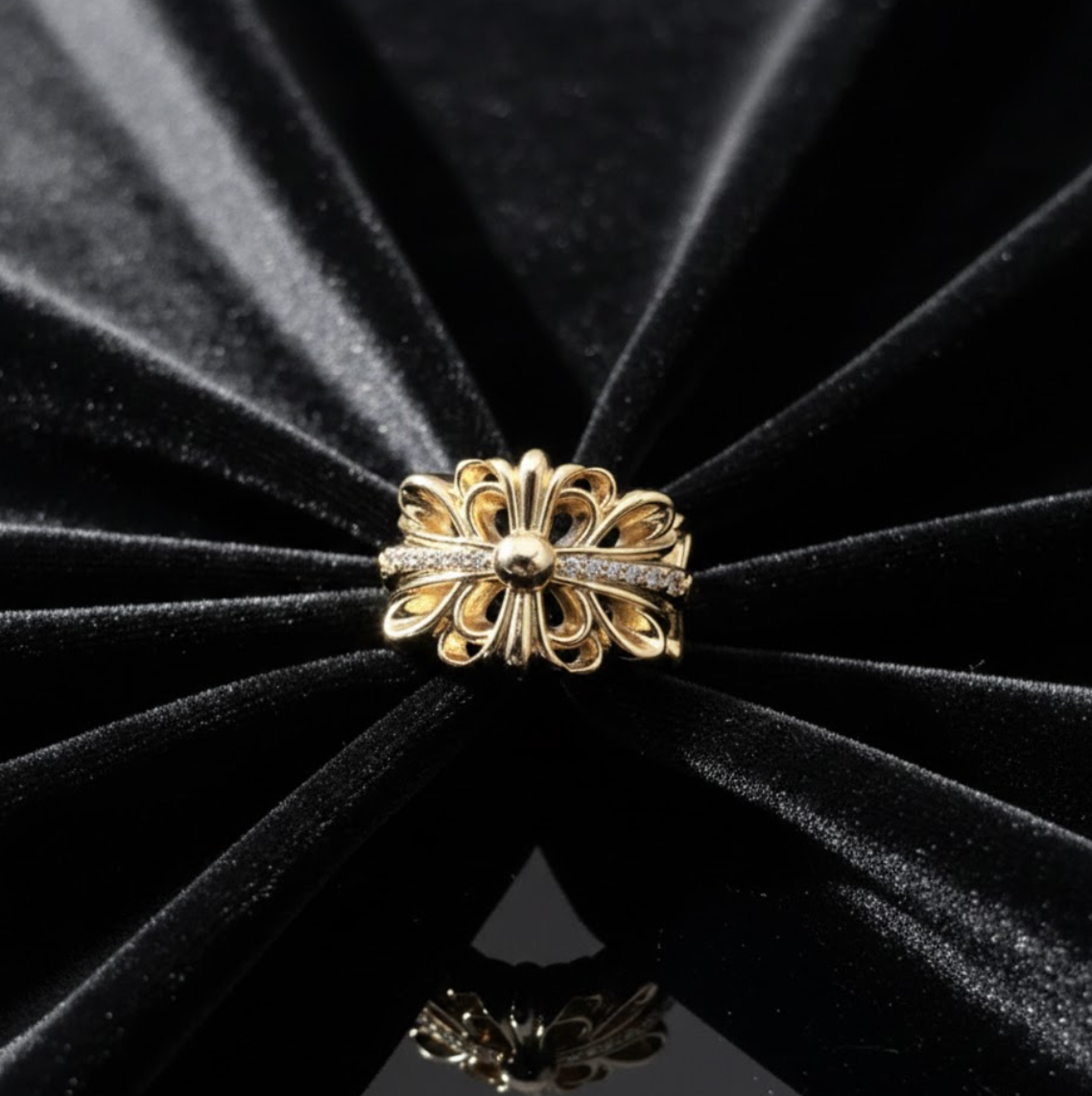 【SL100】Floral Drilled Cross Ring Gold