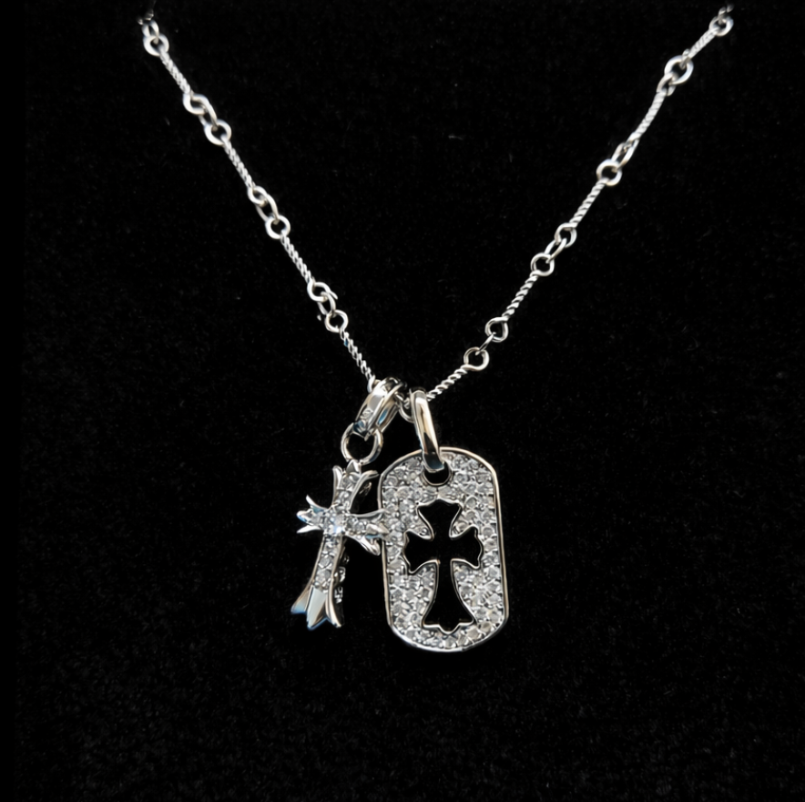 【SL116】Dual Cross Tag Necklace Silver