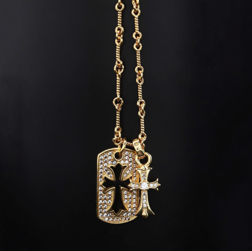 【SL117】Dual Cross Tag Necklace Gold