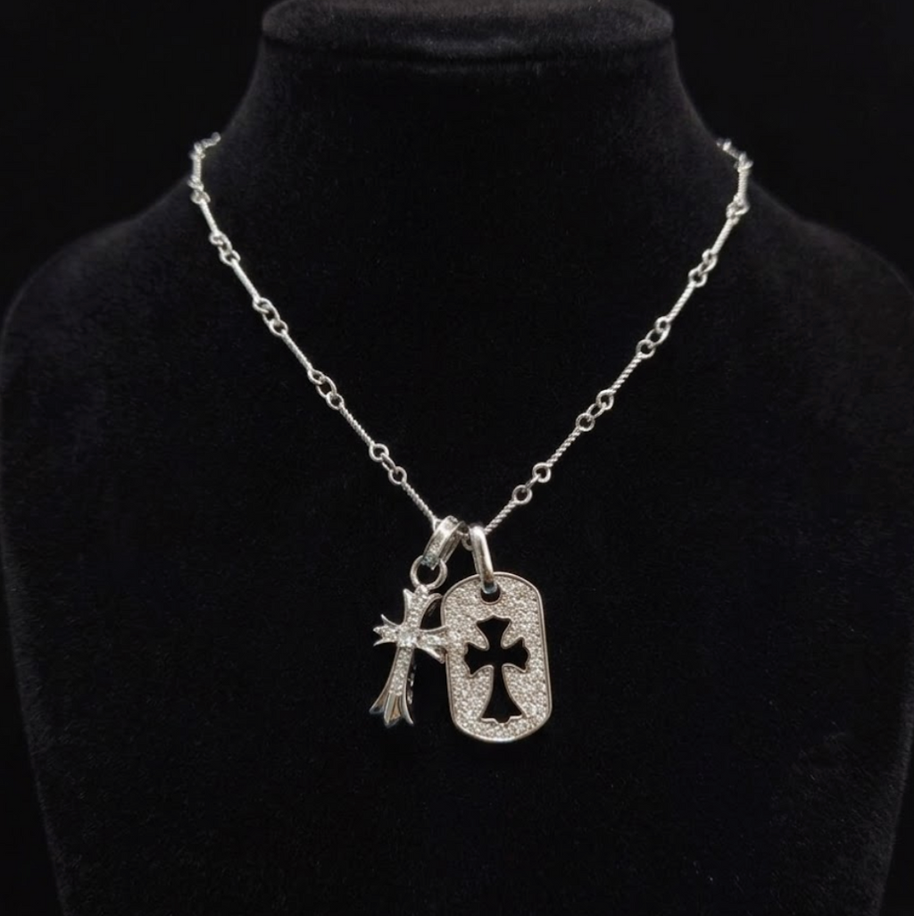 【SL116】Dual Cross Tag Necklace Silver