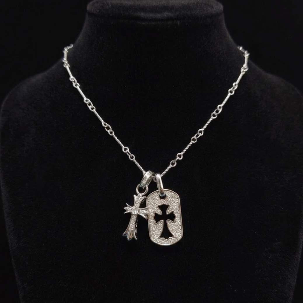 【SL116】Dual Cross Tag Necklace Silver