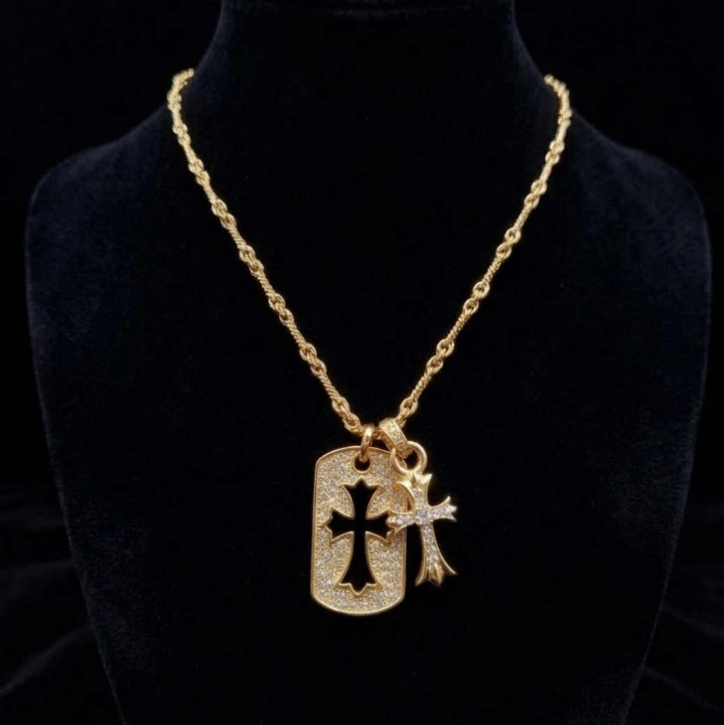【SL117】Dual Cross Tag Necklace Gold