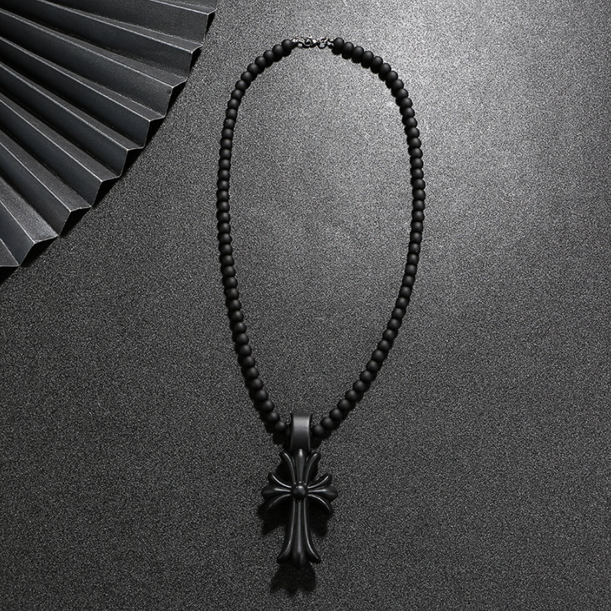 【SL130】Obsidian Bead Cross Necklace