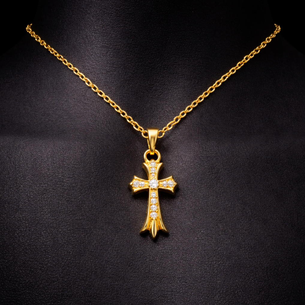【SL160】Radiant Stone Cross Necklace Gold