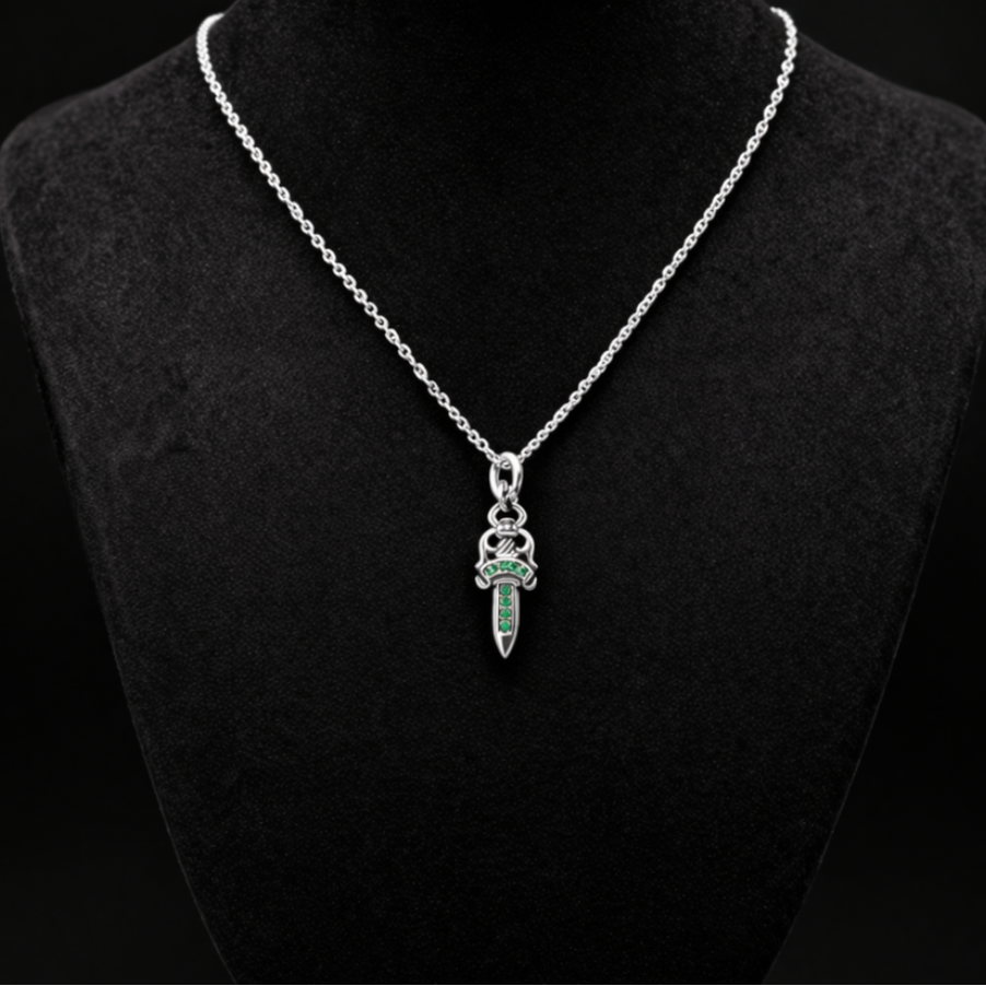 【SL167】Dagger Cross Necklace Silver×Green