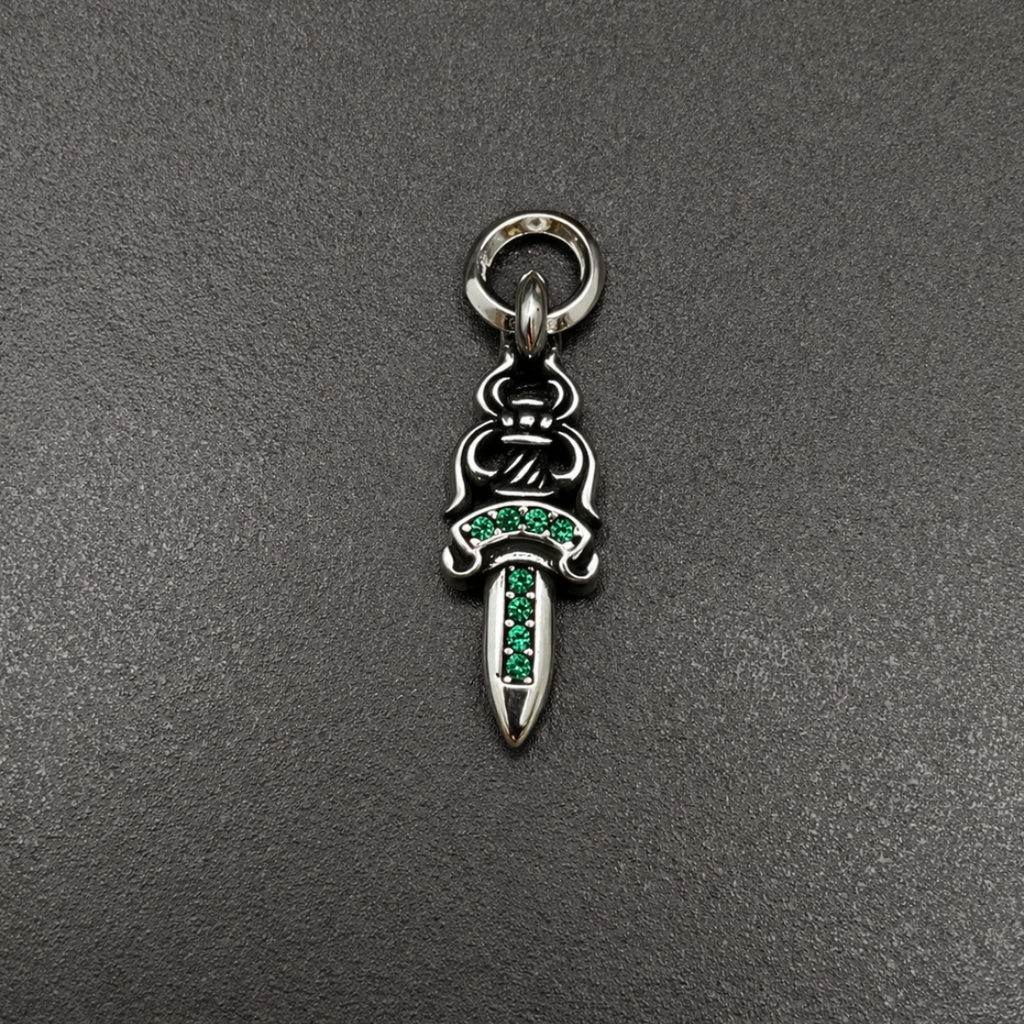 【SL167】Dagger Cross Necklace Silver×Green