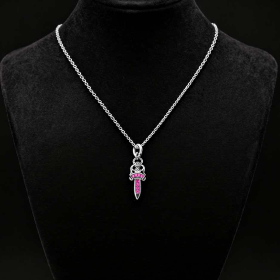 【SL166】Dagger Cross Necklace Silver×Pink