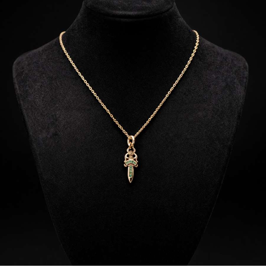 【SL164】Dagger Cross Necklace Gold×Green