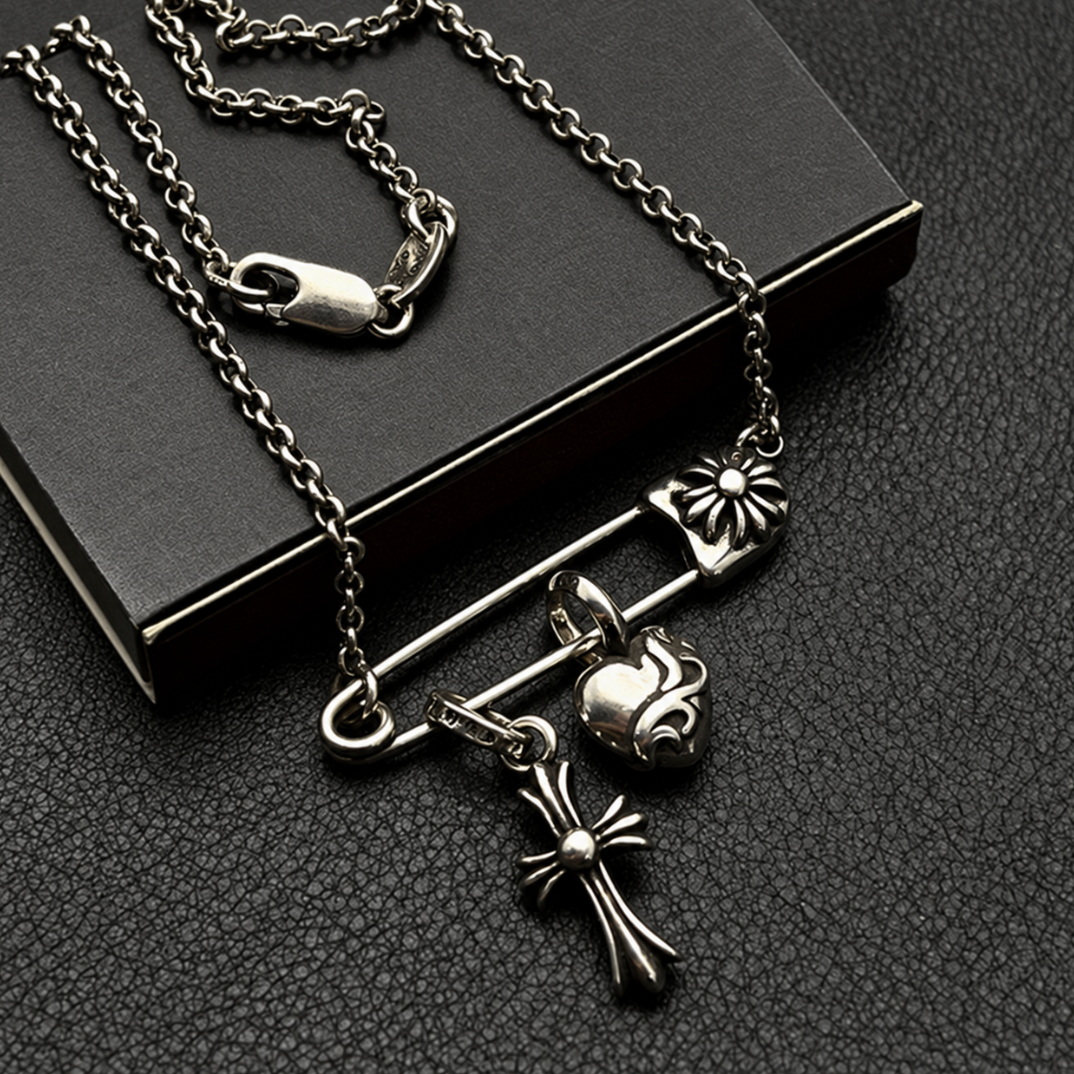 【SL195】Heart & Cross Pin Necklace