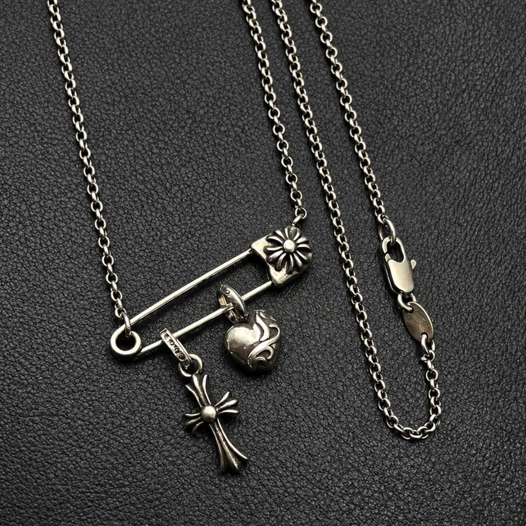 【SL195】Heart & Cross Pin Necklace