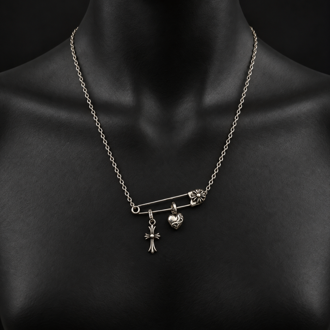 【SL195】Heart & Cross Pin Necklace