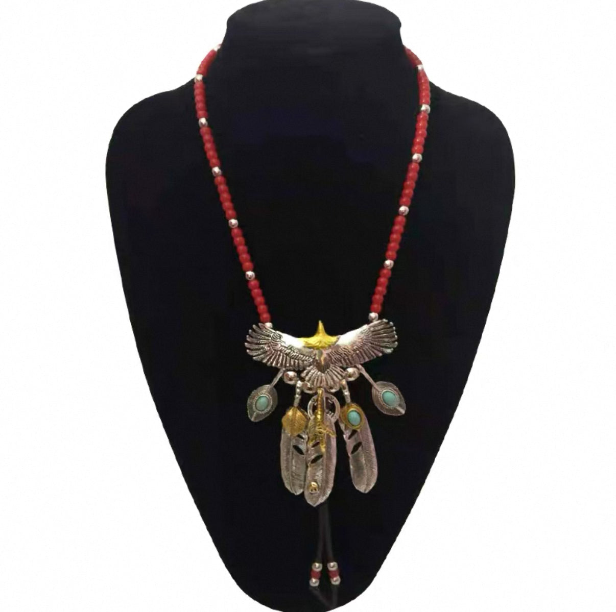 【SL23】Eagle + 3 Feather + 2 Turquoise Jewel + Red Ball Rope