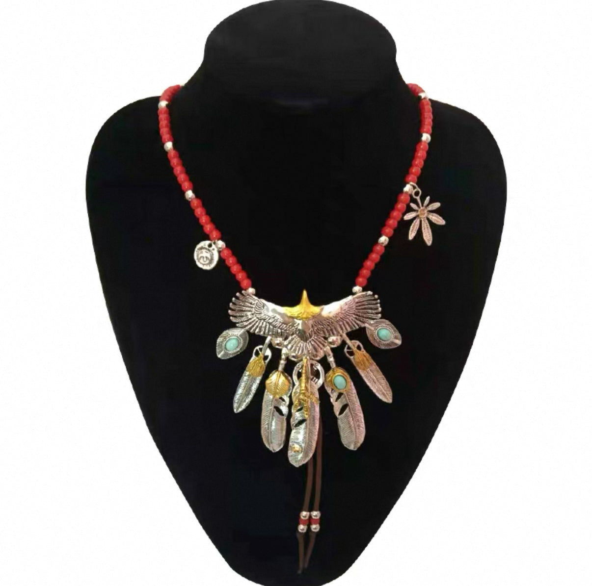 【SL20】Eagle + 5 Feather + 2 Turquoise Jewel + Red Ball Rope